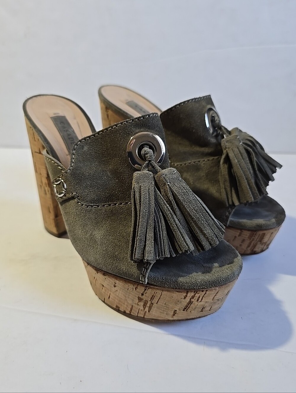 Casadei Suede Tassel Platform Mules - Olive Size 6